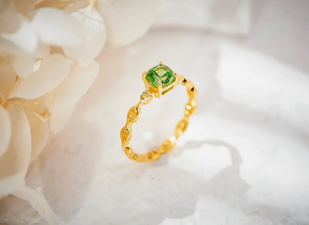 Green Cushion-Cut Gemstone Four-Prong Gold Ring 6