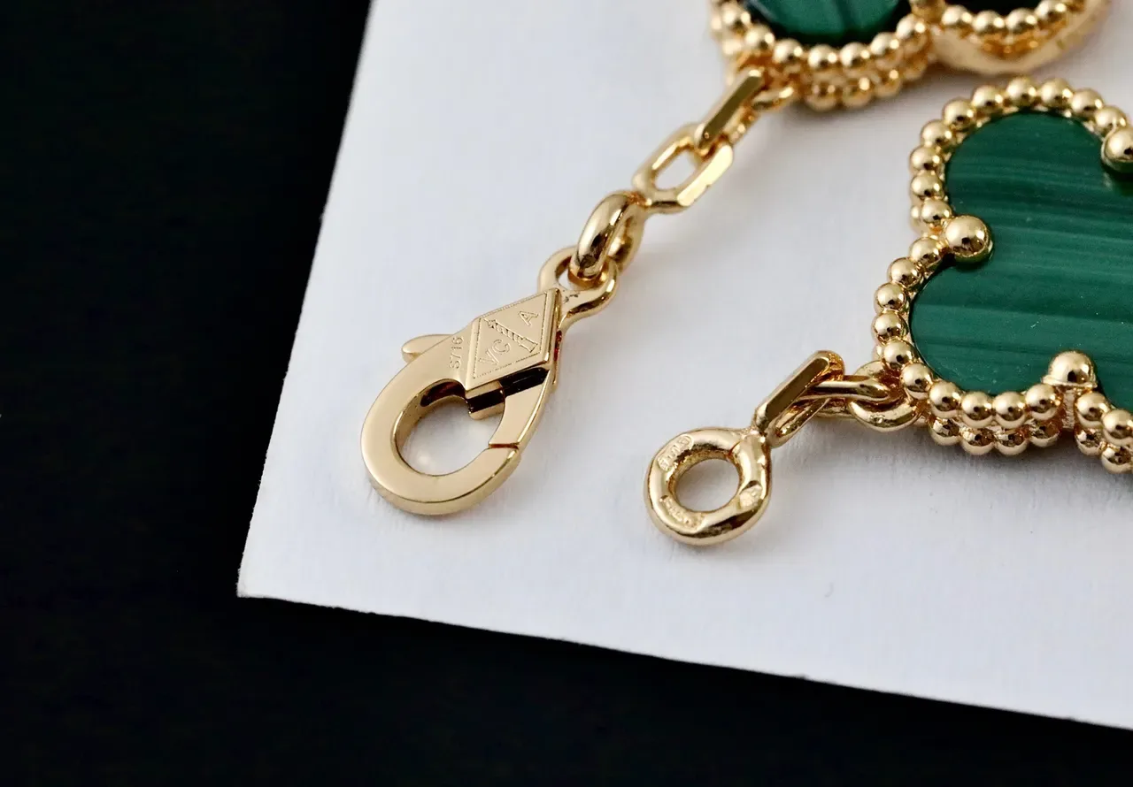 Green Gold Chain Five Clover-Shaped Malachite Inlays Bracelet 2