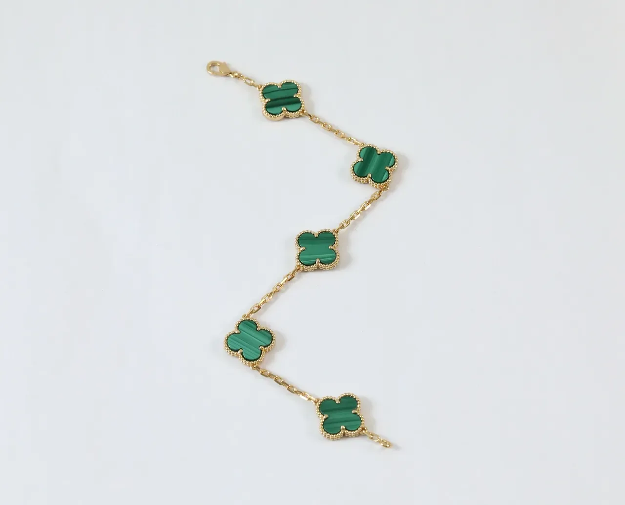 Green Gold Chain Five Clover-Shaped Malachite Inlays Bracelet 3