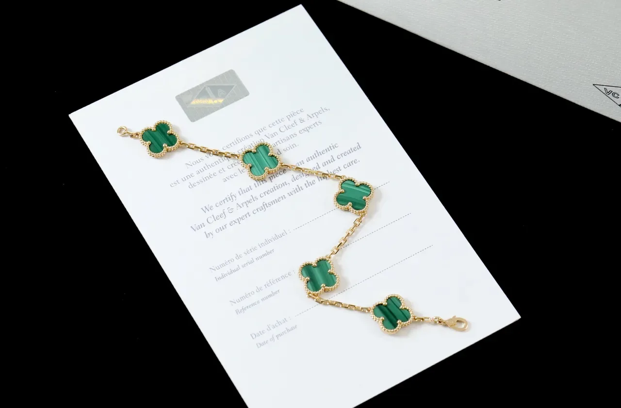 Green Gold Chain Five Clover-Shaped Malachite Inlays Bracelet 4