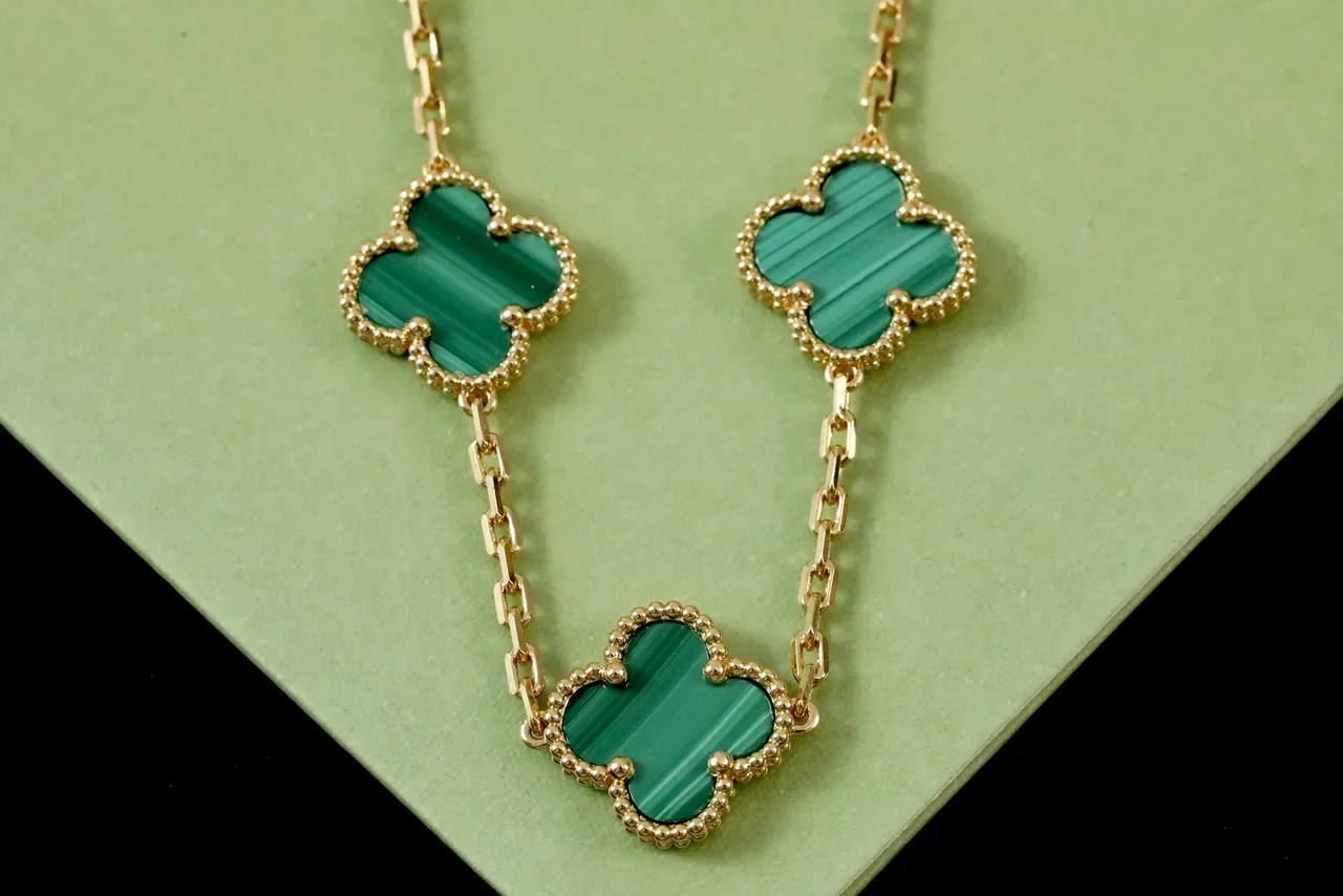 Green Gold Chain Five Clover-Shaped Malachite Inlays Bracelet 5