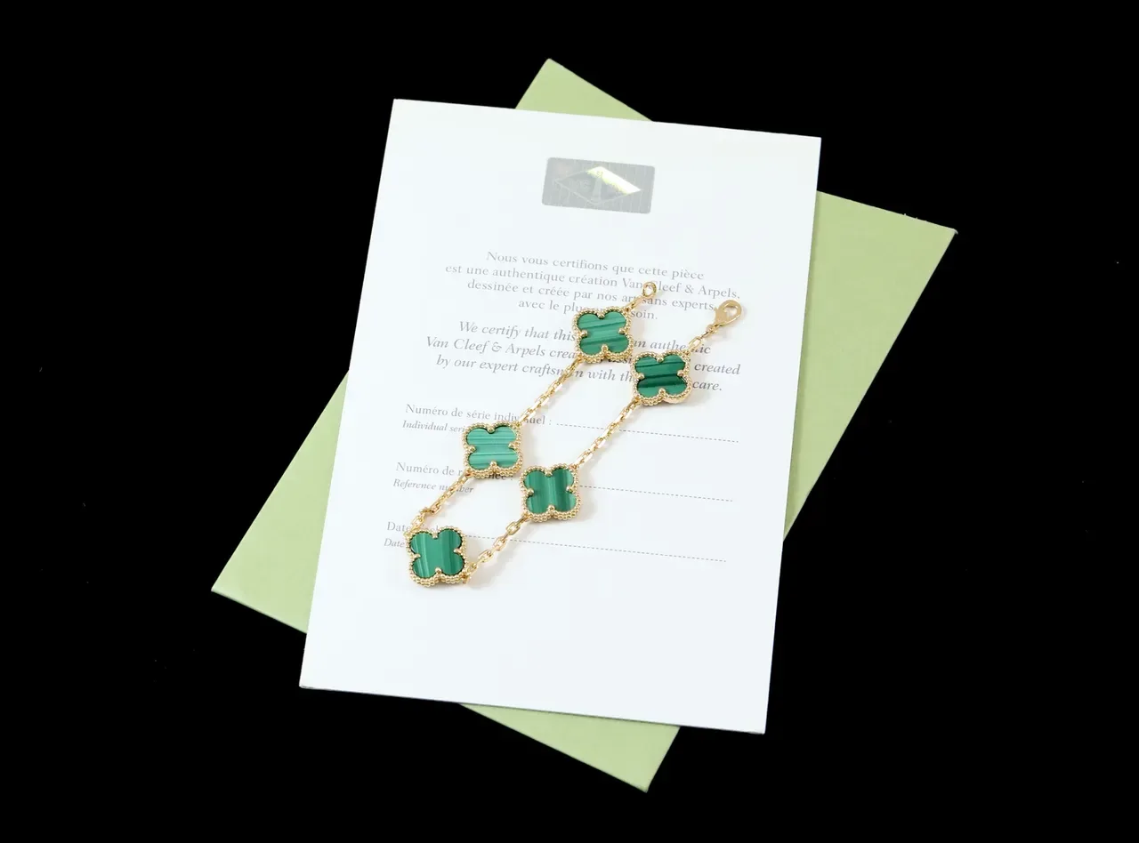 Green Gold Chain Five Clover-Shaped Malachite Inlays Bracelet 7