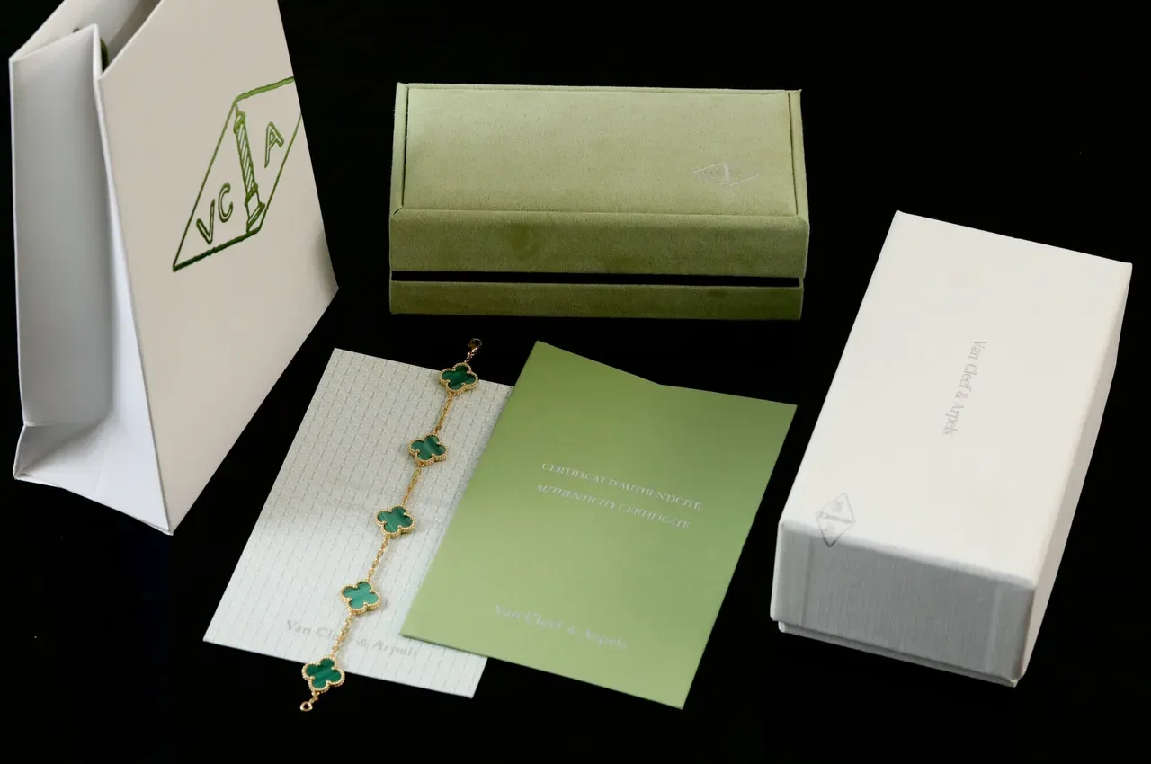 Green Gold Chain Five Clover-Shaped Malachite Inlays Bracelet 8