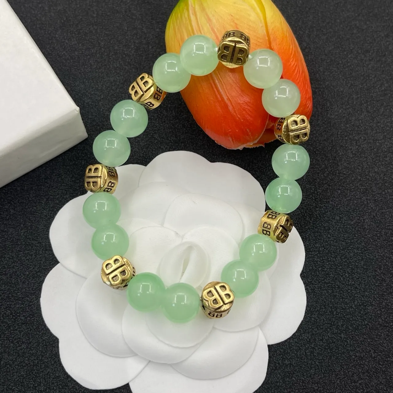 Green Jade and Gold-Tone Double-B Motif Beaded Bracelet 3