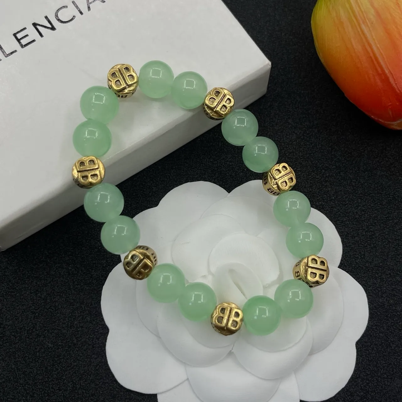 Green Jade and Gold-Tone Double-B Motif Beaded Bracelet 4