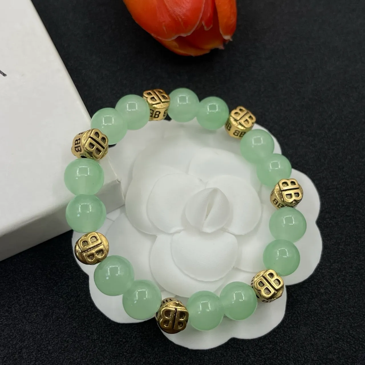 Green Jade and Gold-Tone Double-B Motif Beaded Bracelet 5