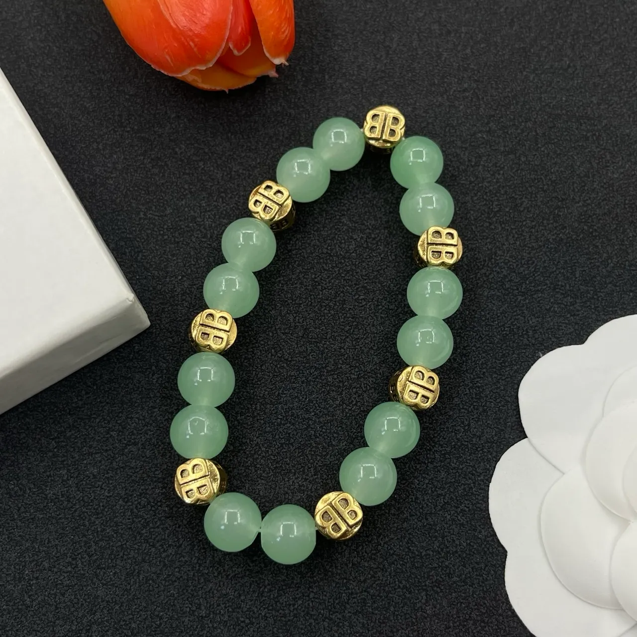 Green Jade and Gold-Tone Double-B Motif Beaded Bracelet 6