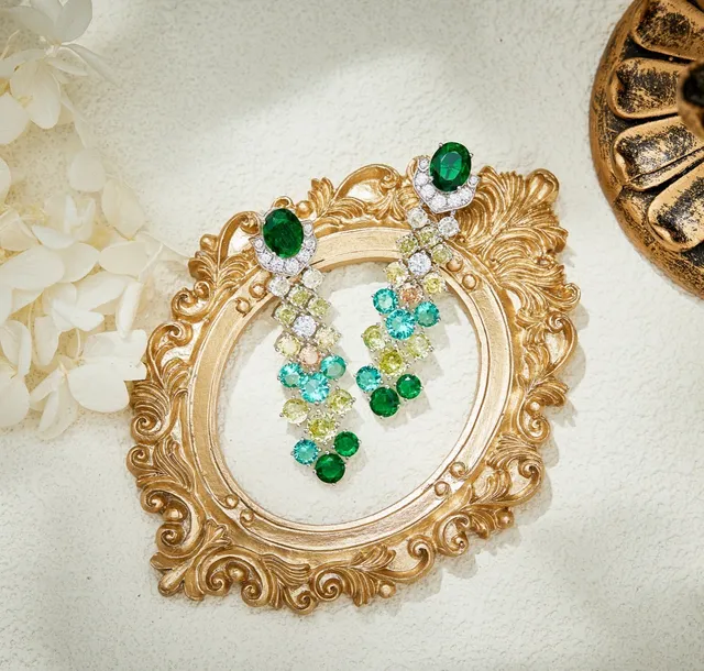 Green Multicolor Ornate Baroque-Style Cascade Multi-Gemstone Gradient Earrings 1