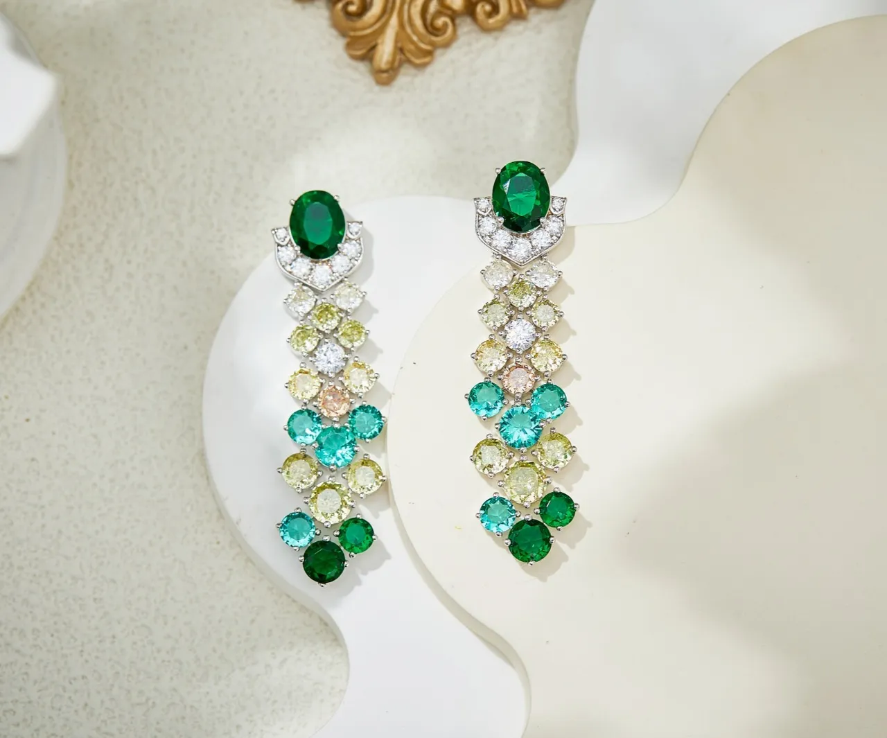 Green Multicolor Ornate Baroque-Style Cascade Multi-Gemstone Gradient Earrings 5