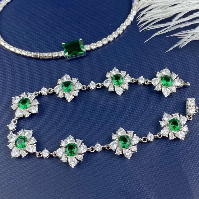 Green Silver Floral Motif Gemstone Cluster Bracelet 2