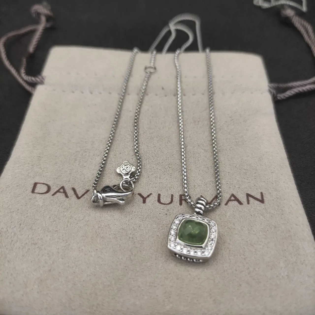 Green Silver Square Cushion Pendant Pavé Halo Setting Necklace 2