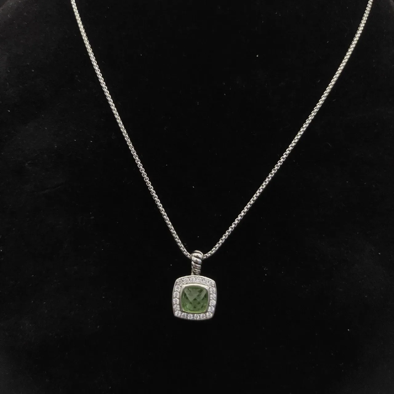 Green Silver Square Cushion Pendant Pavé Halo Setting Necklace 3