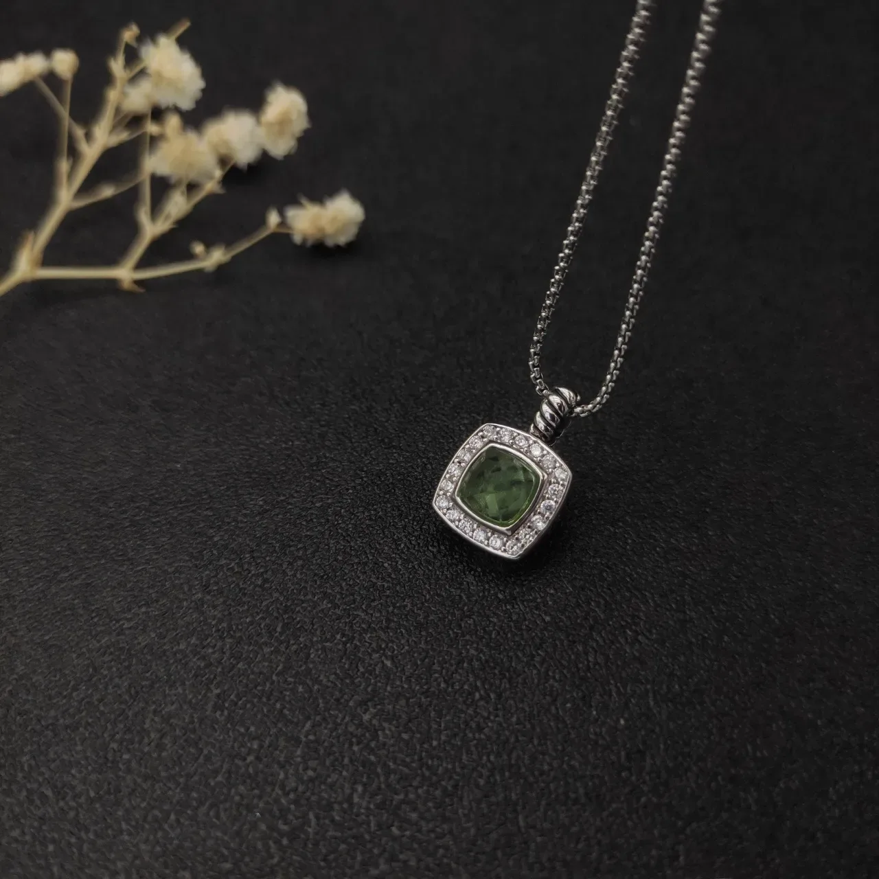 Green Silver Square Cushion Pendant Pavé Halo Setting Necklace 4