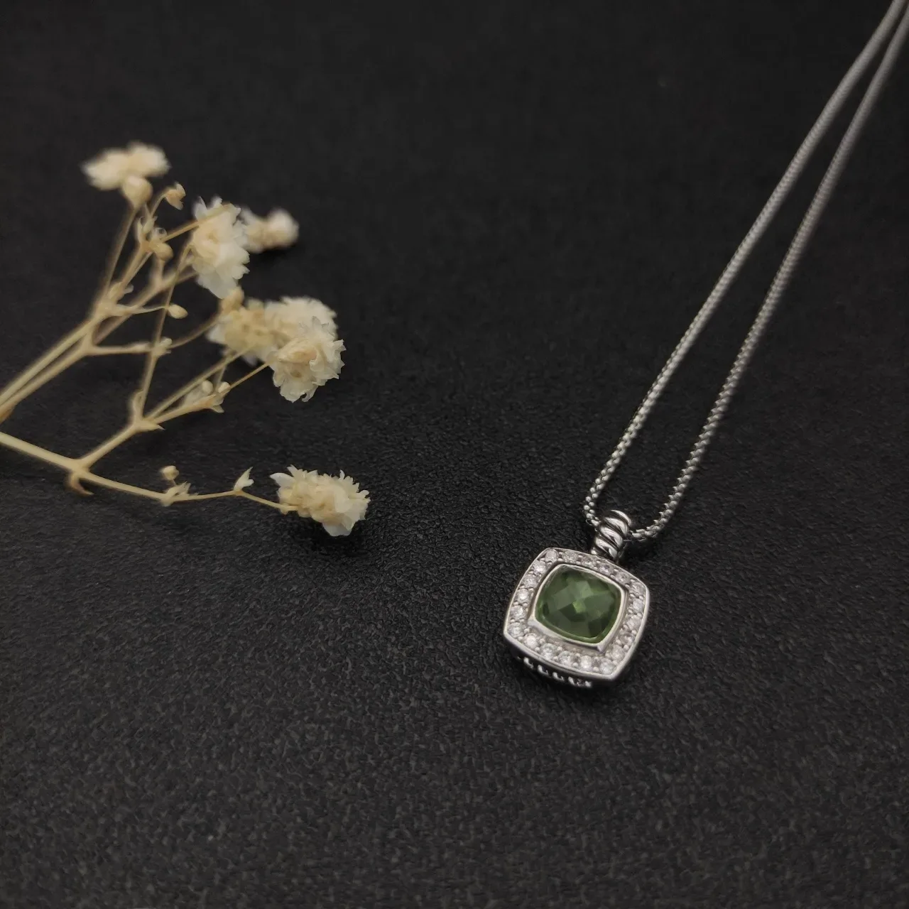 Green Silver Square Cushion Pendant Pavé Halo Setting Necklace 5