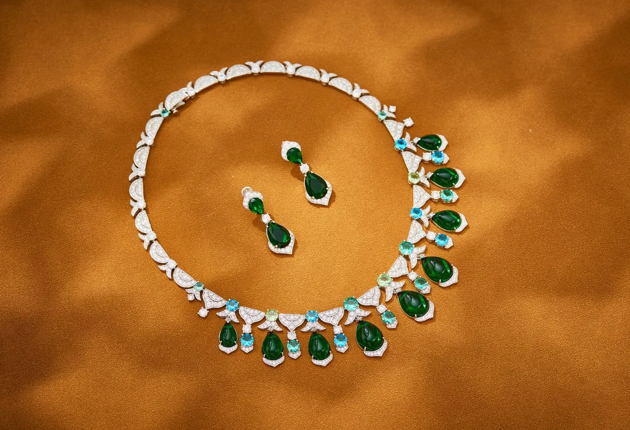 Green Teardrop Gemstone and Pavé Diamond Drop Earrings 2