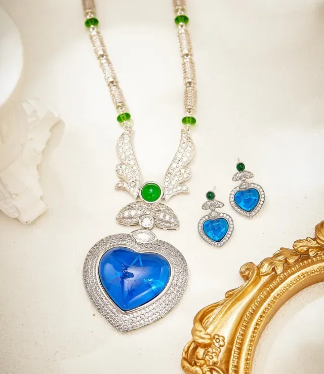 Heart-Shaped Blue and Green Gemstone Pavé Earrings 2