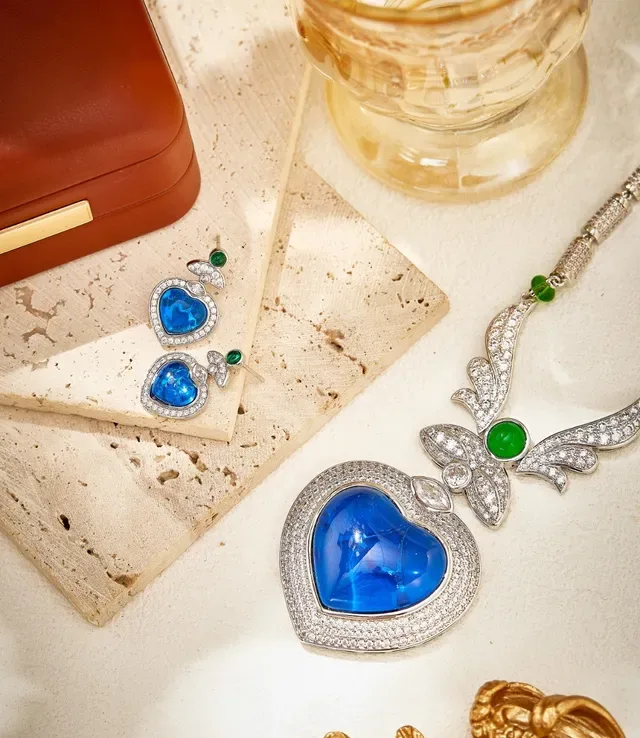Heart-Shaped Blue and Green Gemstone Pavé Earrings 3