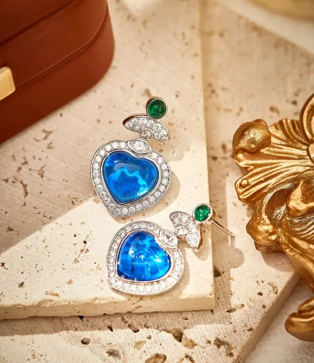 Heart-Shaped Blue and Green Gemstone Pavé Earrings 4