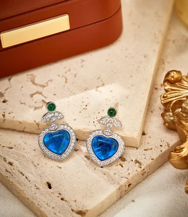 Heart-Shaped Blue and Green Gemstone Pavé Earrings 6