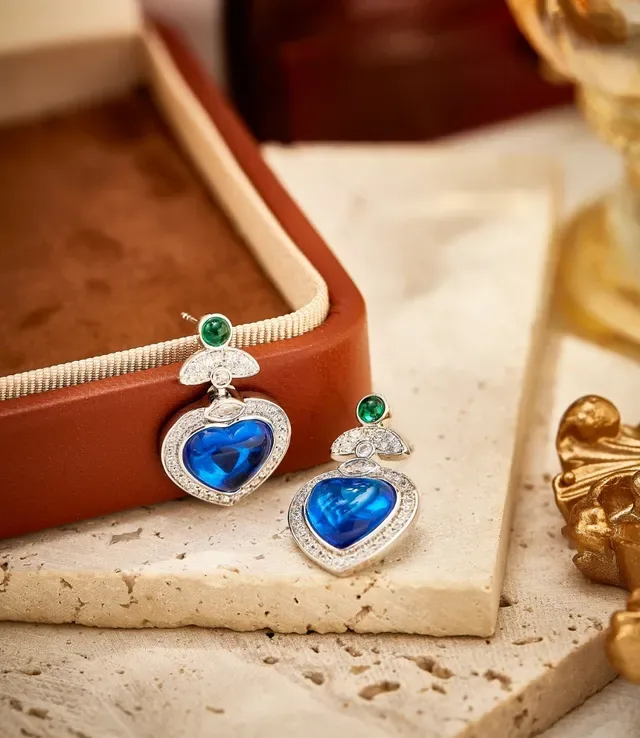 Heart-Shaped Blue and Green Gemstone Pavé Earrings 7