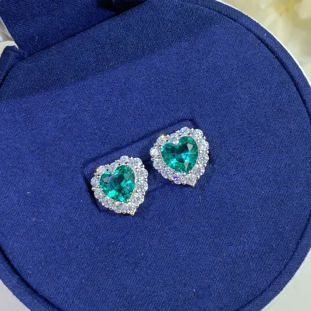 Heart-Shaped Green Gem Halo Stud Earrings 2