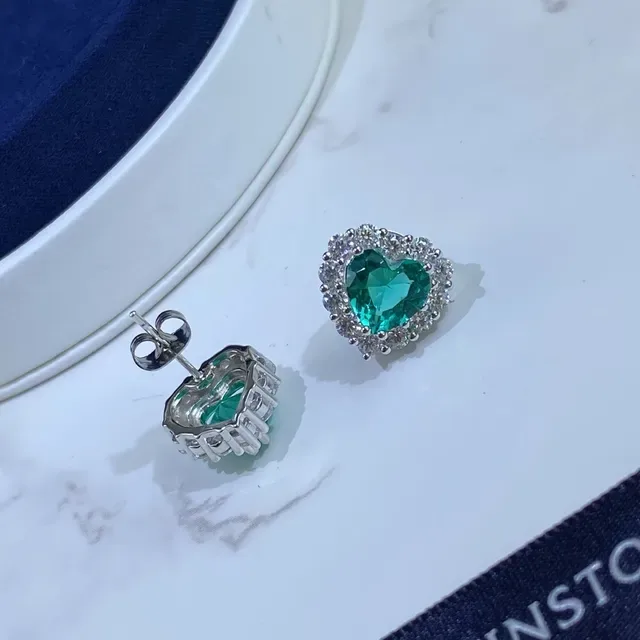 Heart-Shaped Green Gem Halo Stud Earrings 5