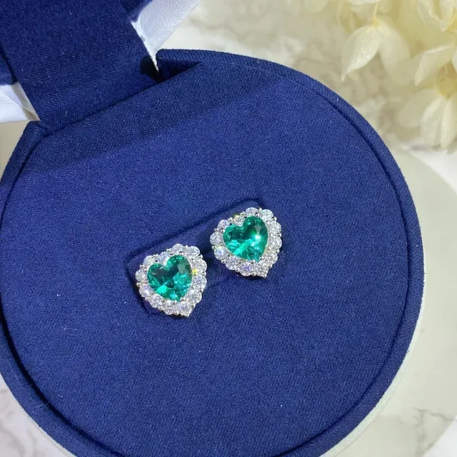 Heart-Shaped Green Gem Halo Stud Earrings 6