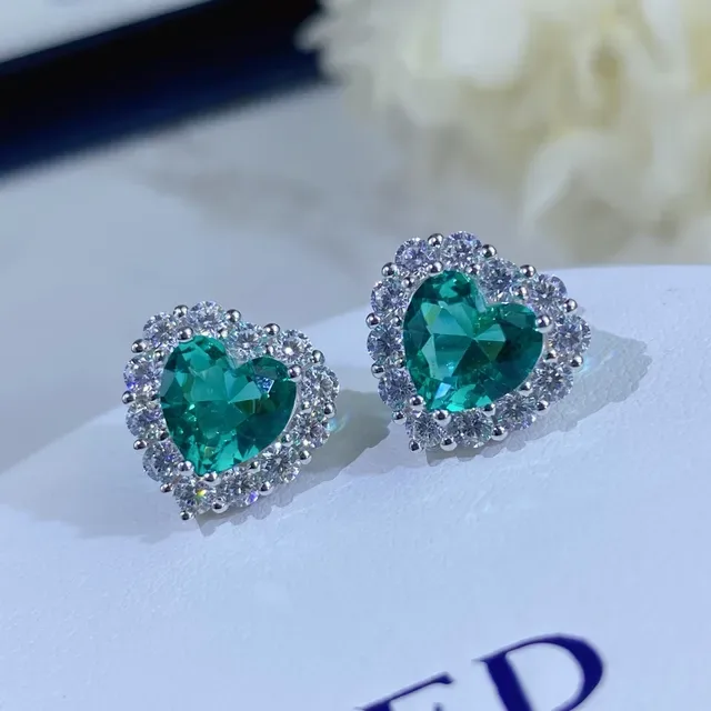 Heart-Shaped Green Gem Halo Stud Earrings 7