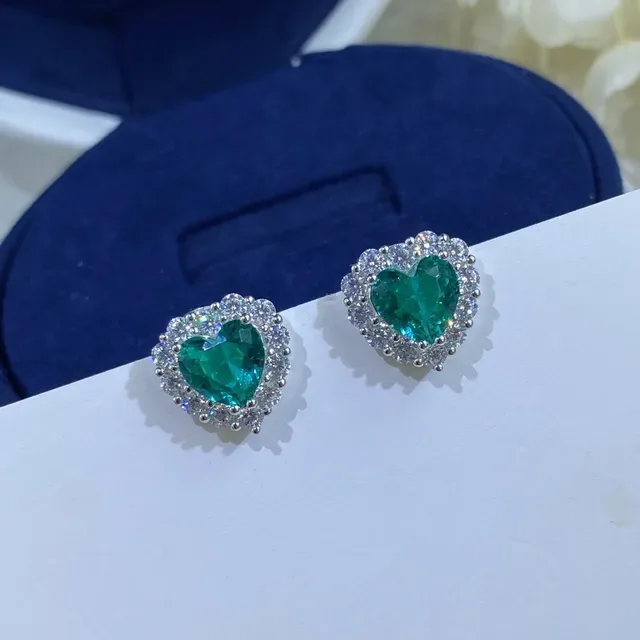 Heart-Shaped Green Gem Halo Stud Earrings 8