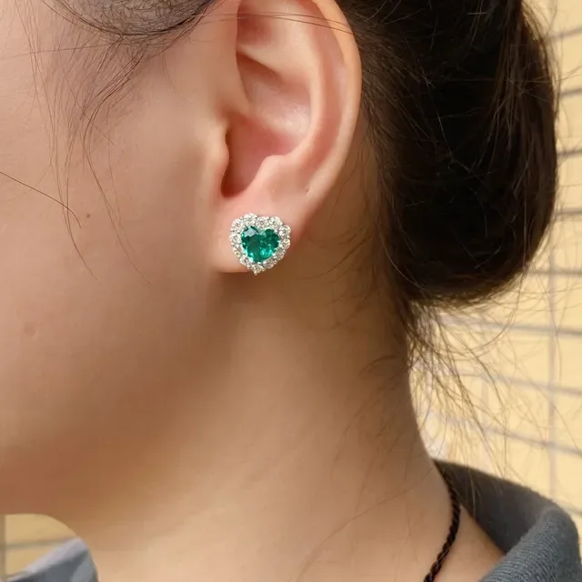 Heart-Shaped Green Gem Halo Stud Earrings 9