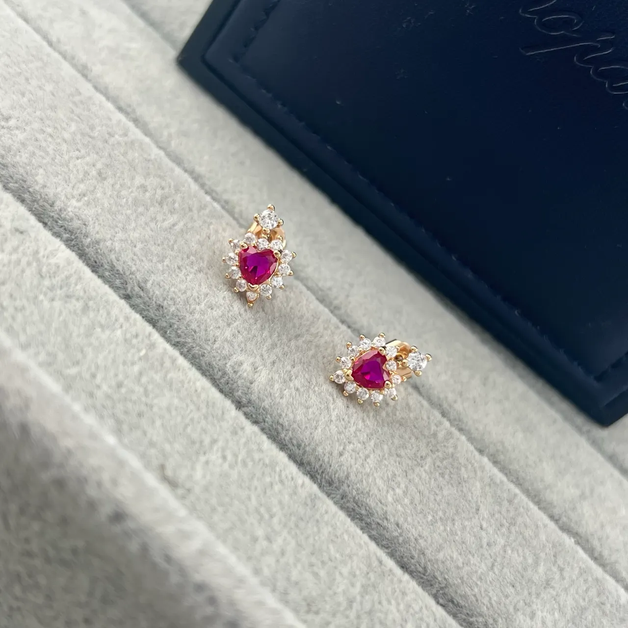 Heart-Shaped Ruby and Diamond Halo Stud Earrings 2