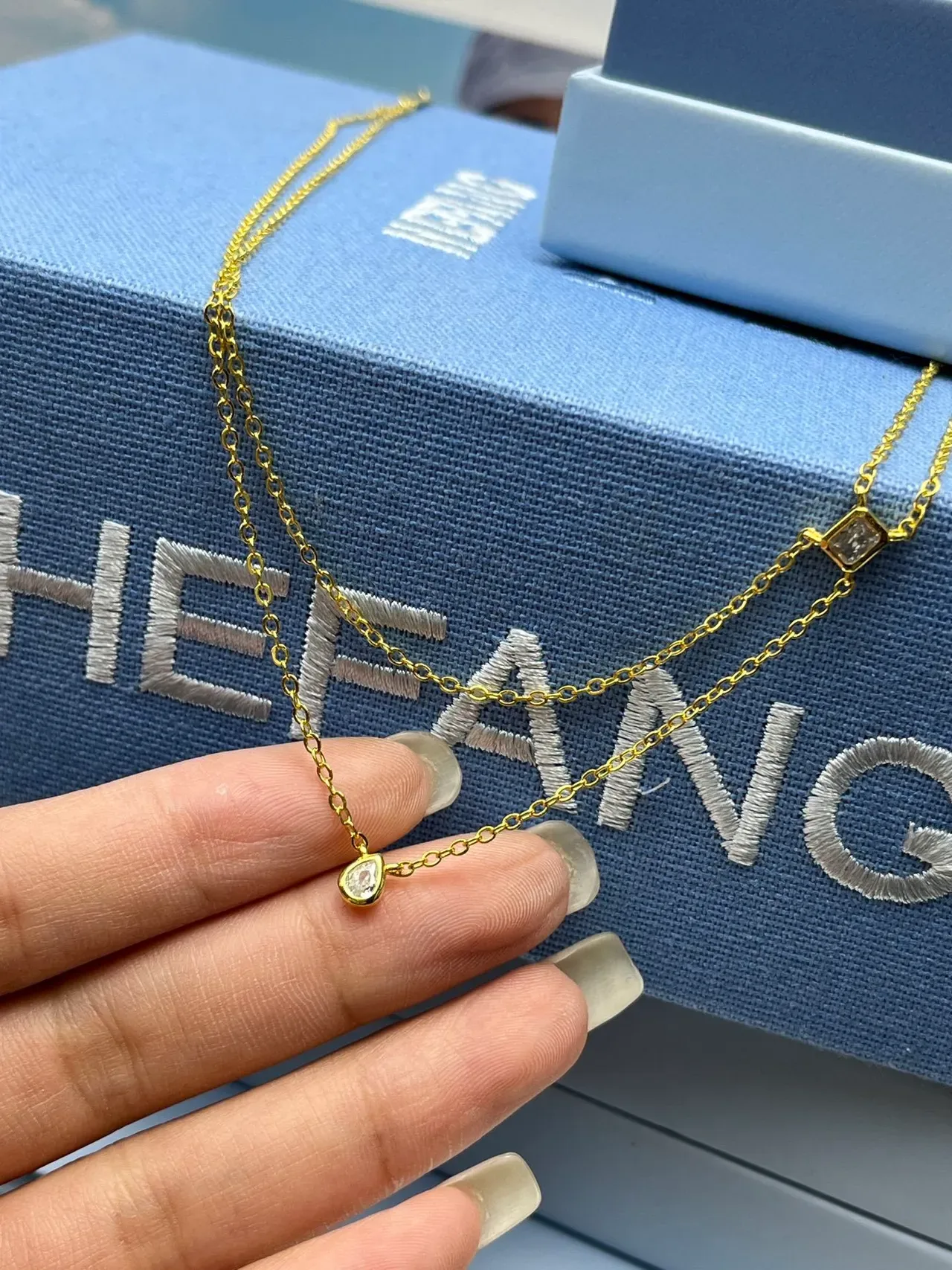 HEFANG Double-Layer Gold-Tone Teardrop and Square Crystal Necklace 3