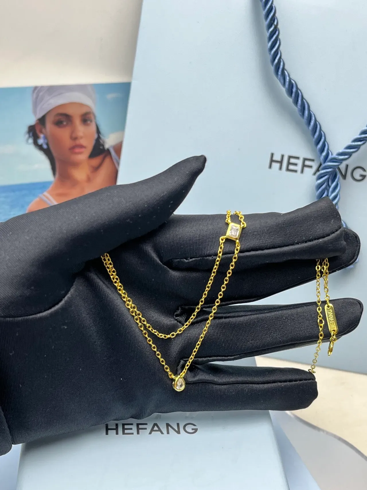 HEFANG Double-Layer Gold-Tone Teardrop and Square Crystal Necklace 4