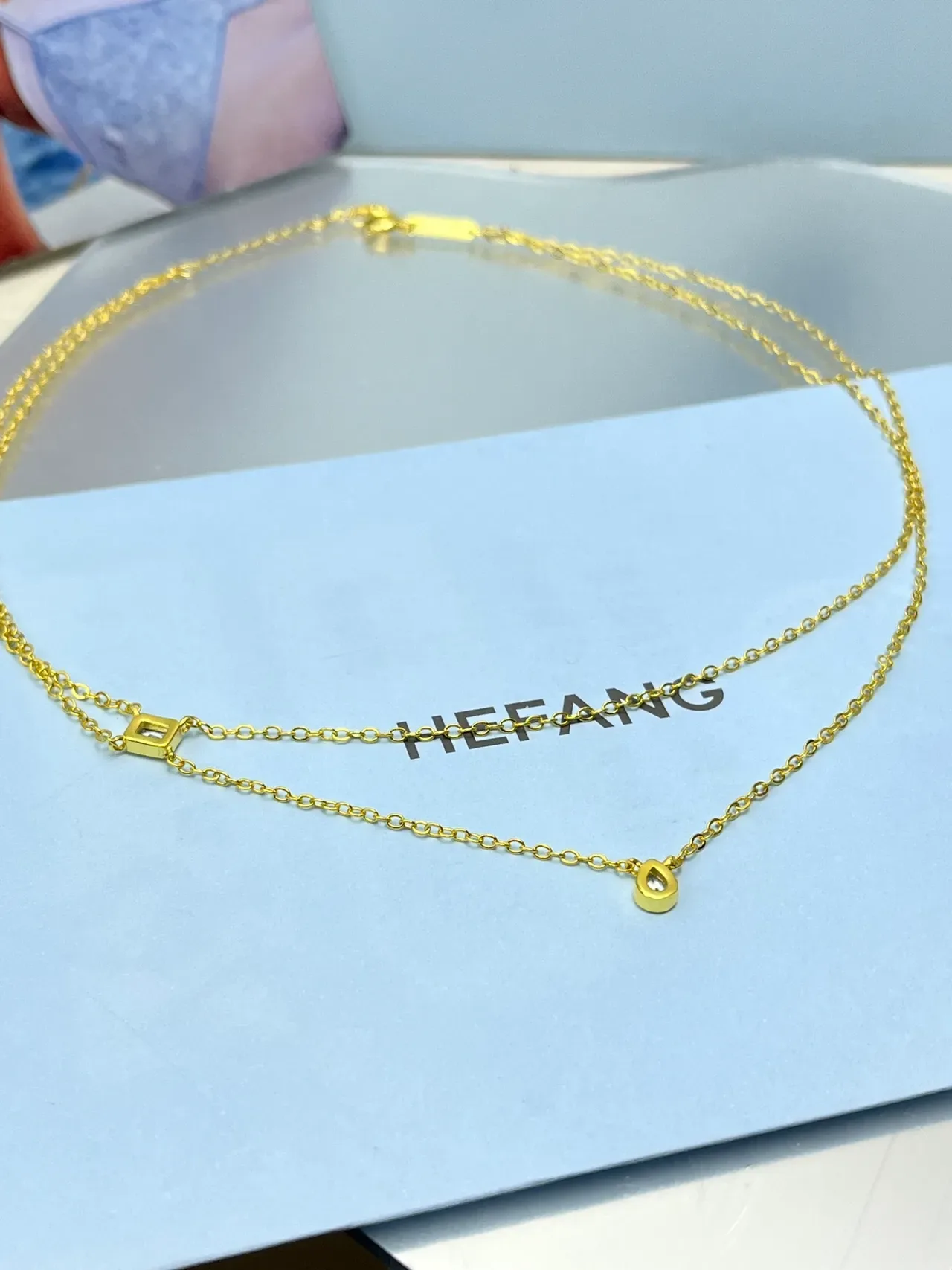 HEFANG Double-Layer Gold-Tone Teardrop and Square Crystal Necklace 5