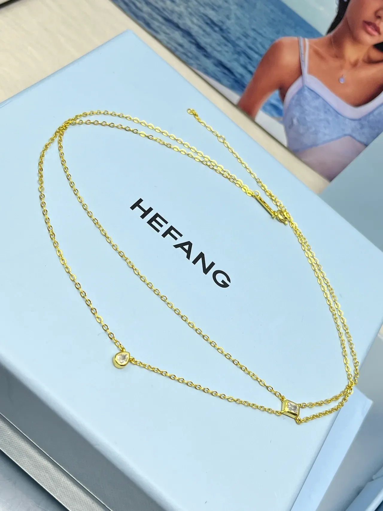 HEFANG Double-Layer Gold-Tone Teardrop and Square Crystal Necklace 7