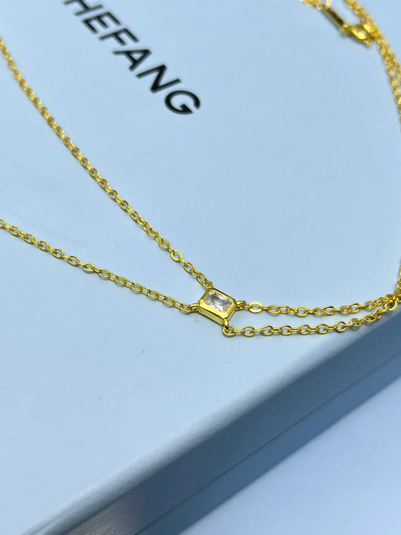 HEFANG Double-Layer Gold-Tone Teardrop and Square Crystal Necklace 8