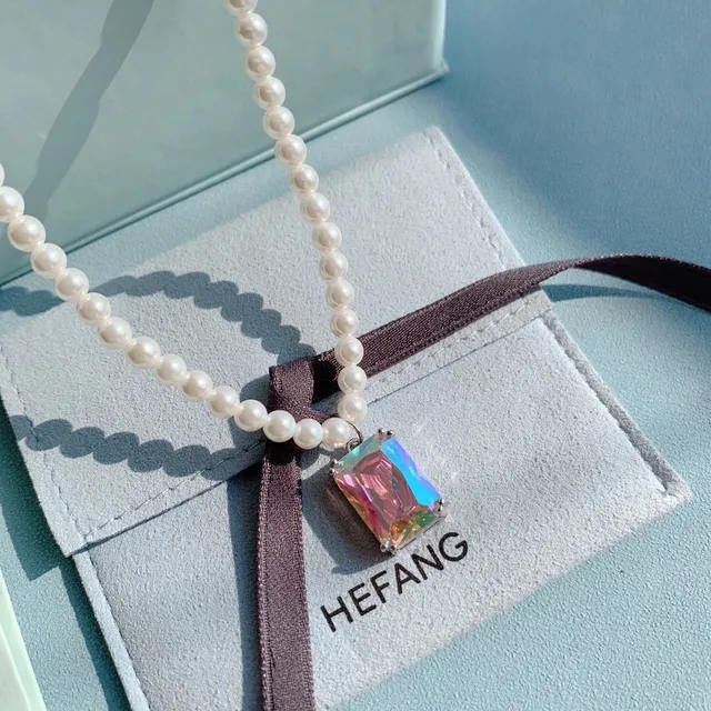 HEFANG Multicolor White Pearl Strand Rectangular Iridescent Crystal Pendant Necklace 1