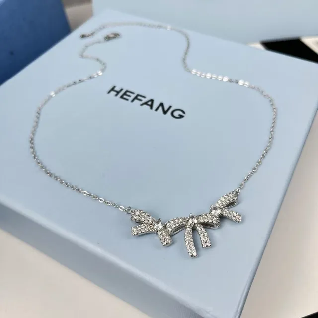 HEFANG Pavé Crystal Bow Pendant Necklace 4