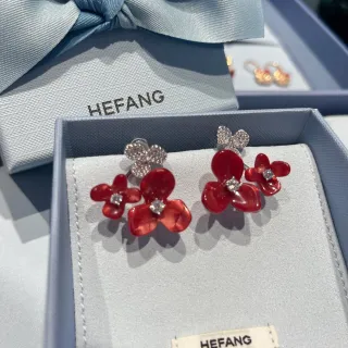 HEFANG Red Floral Crystal Stud Earrings