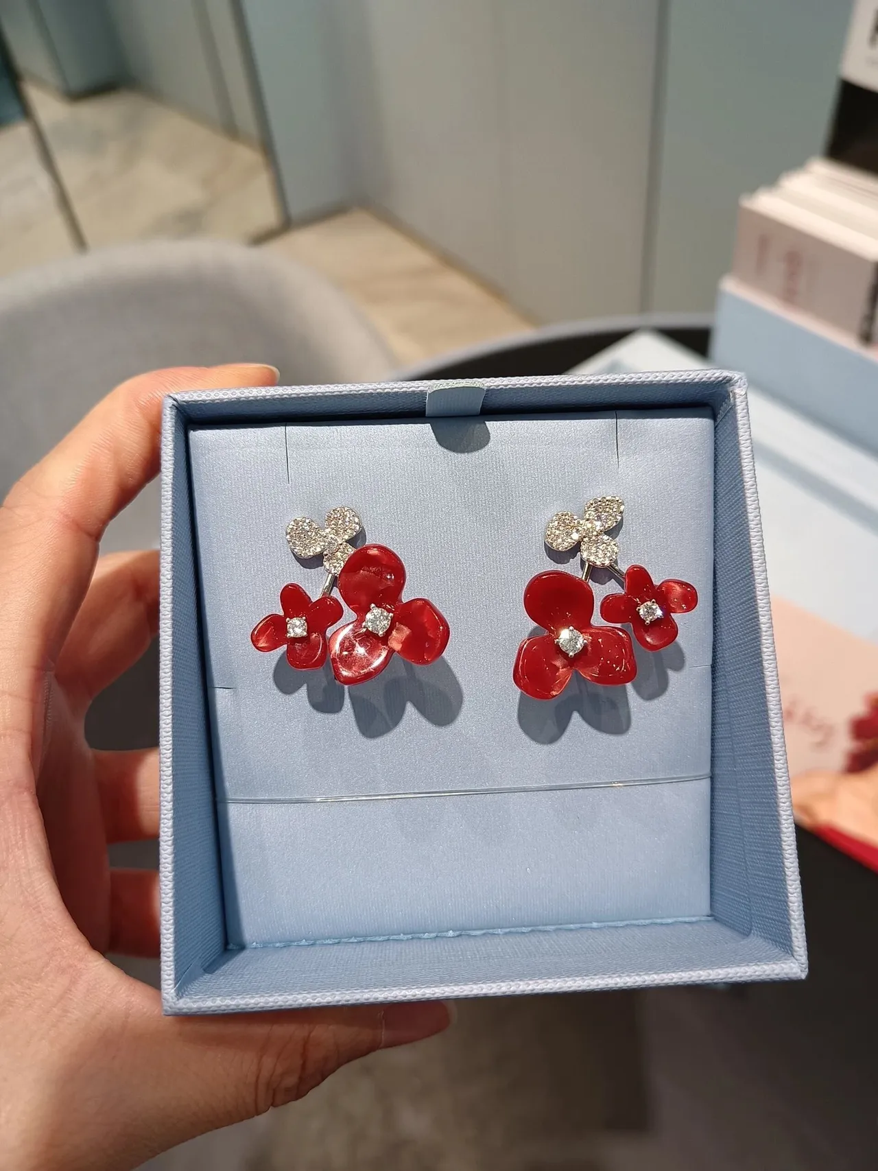 HEFANG Red Floral Crystal Stud Earrings 6