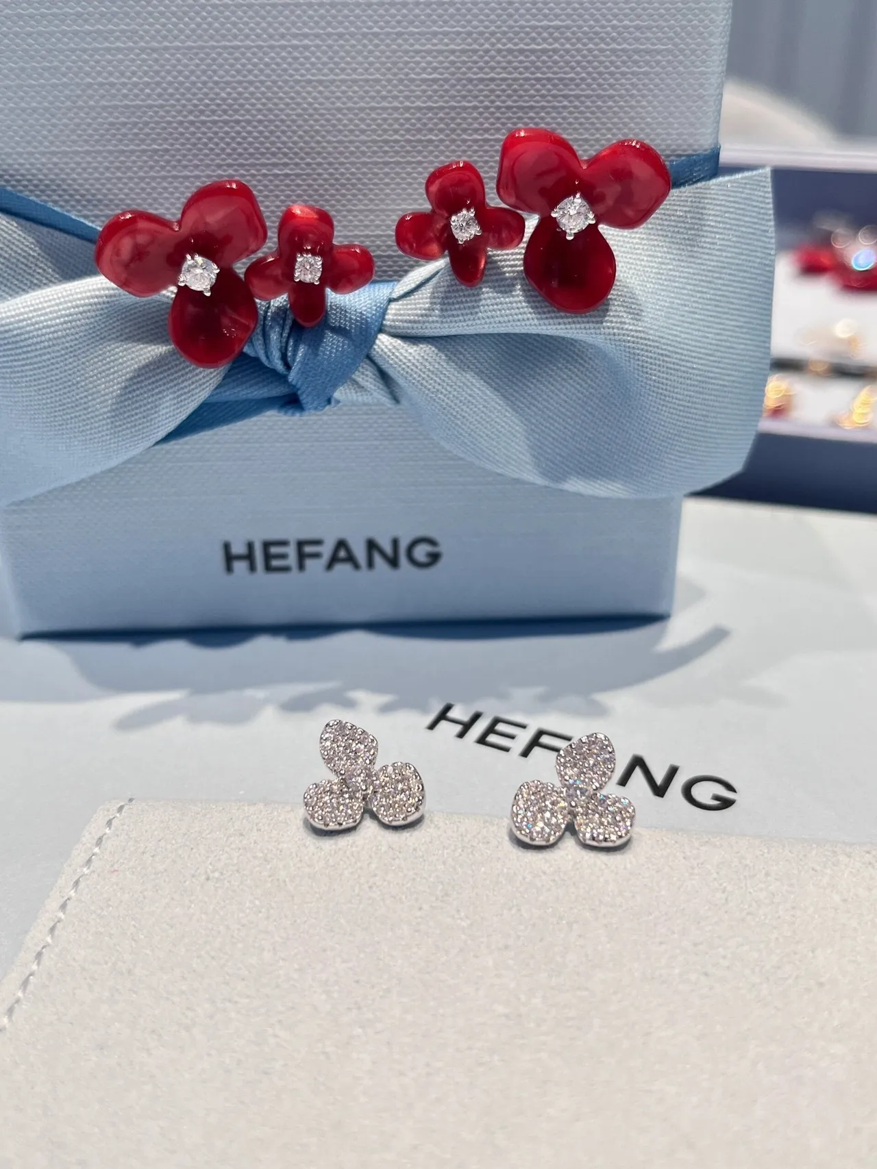 HEFANG Red Floral Crystal Stud Earrings 7