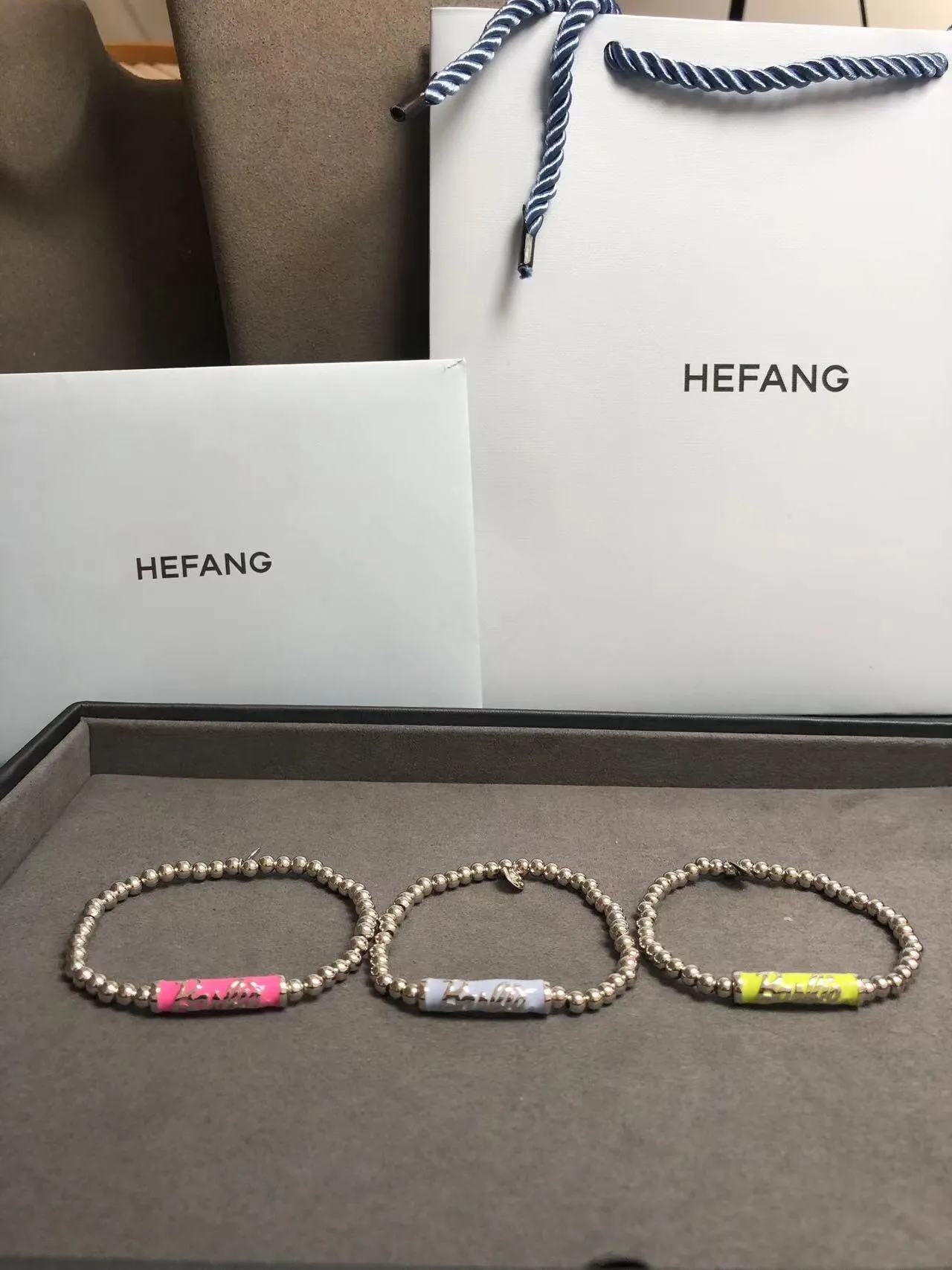 HEFANG Silver Blue Beaded Enamel Tube Charm Bracelet 2