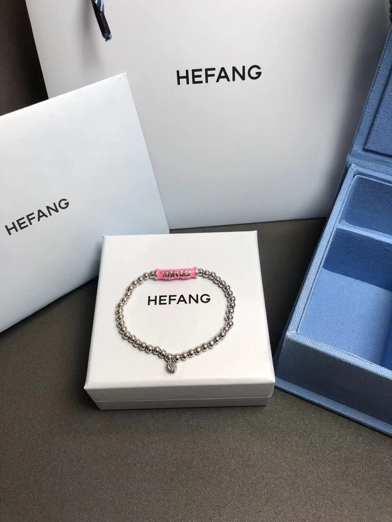 HEFANG Silver Blue Beaded Enamel Tube Charm Bracelet 3