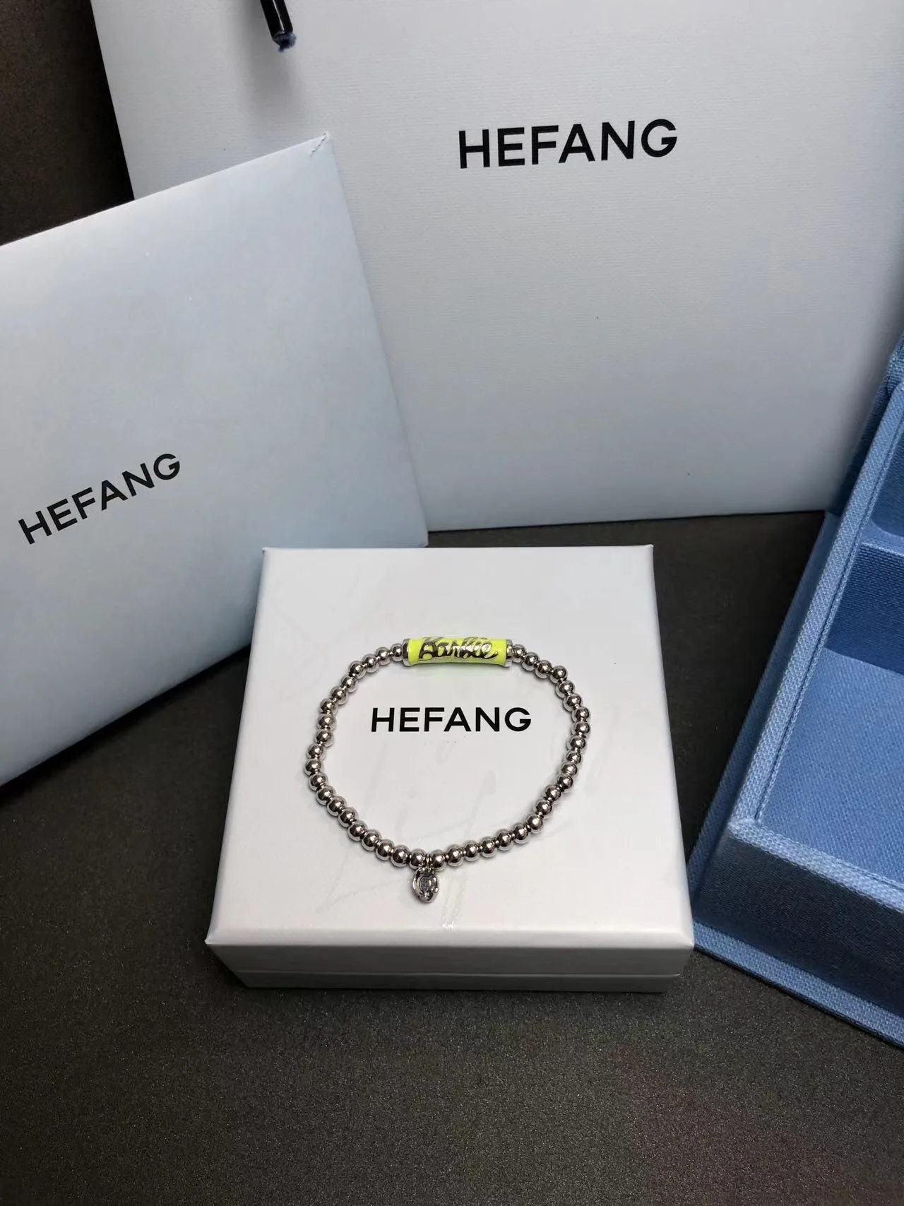 HEFANG Silver Blue Beaded Enamel Tube Charm Bracelet 4