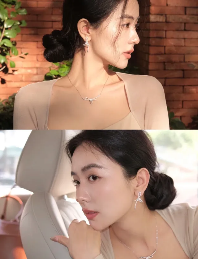 HEFANG Silver White Bow-Shaped Pendant Pavé-Set Stones Necklace 2