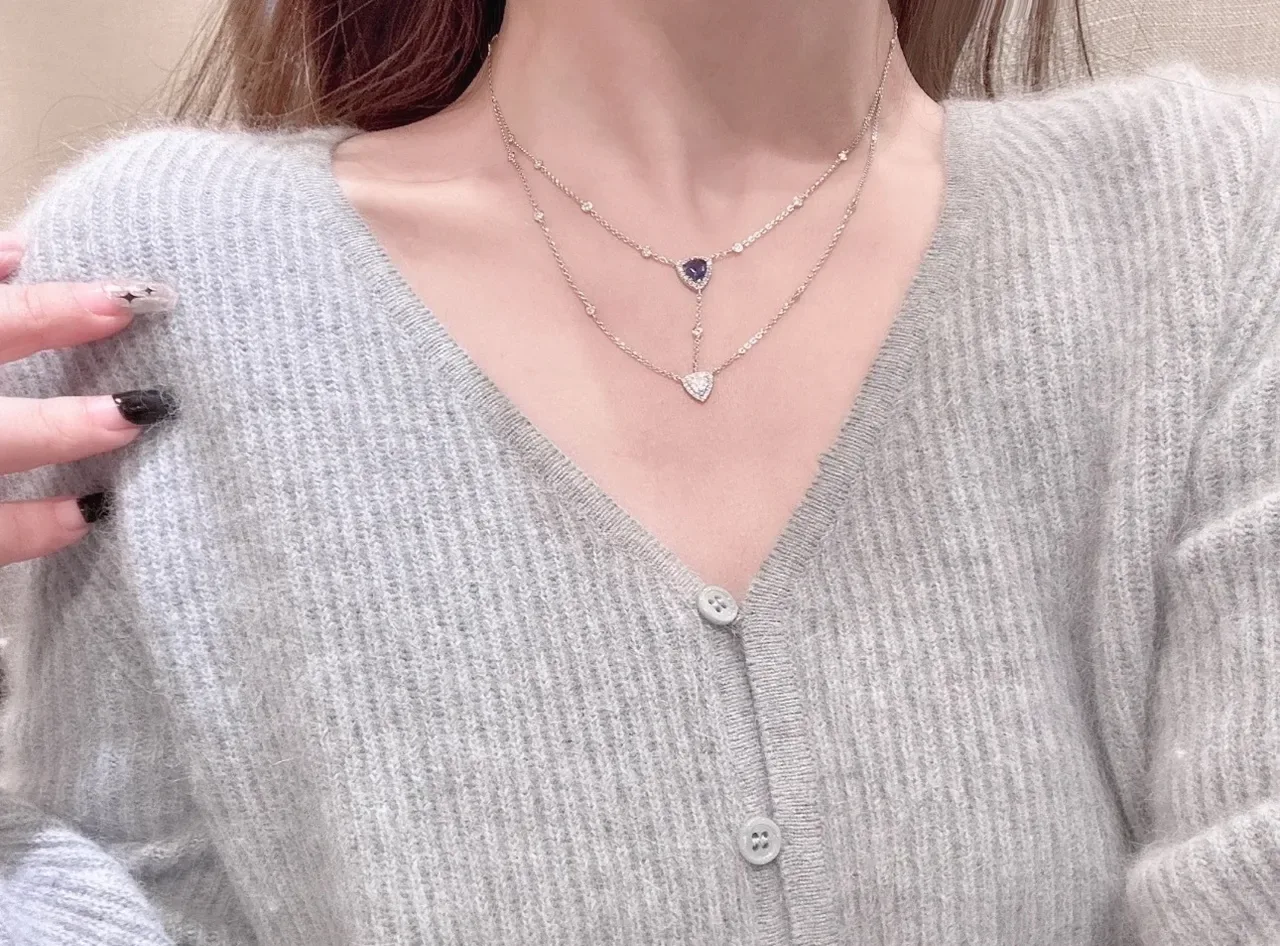 Layered Double-Chain Triangular Gemstone Pendant Necklace 4