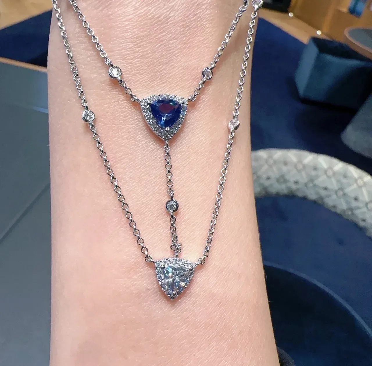Layered Double-Chain Triangular Gemstone Pendant Necklace 5