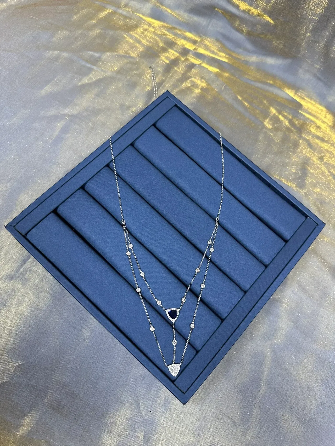 Layered Double-Chain Triangular Gemstone Pendant Necklace 9