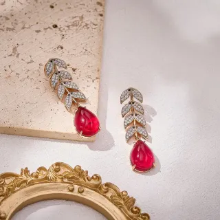 Leaf Motif Teardrop Red Gemstone Earrings