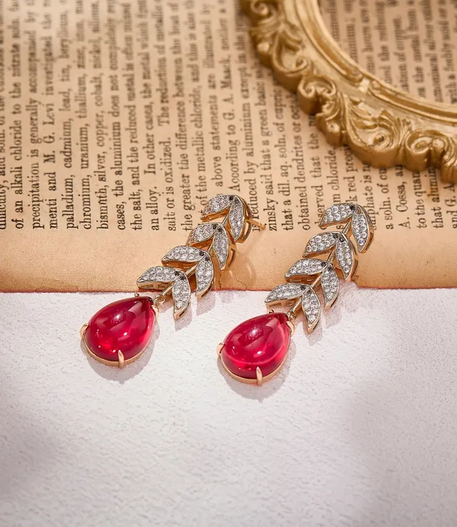 Leaf Motif Teardrop Red Gemstone Earrings 2